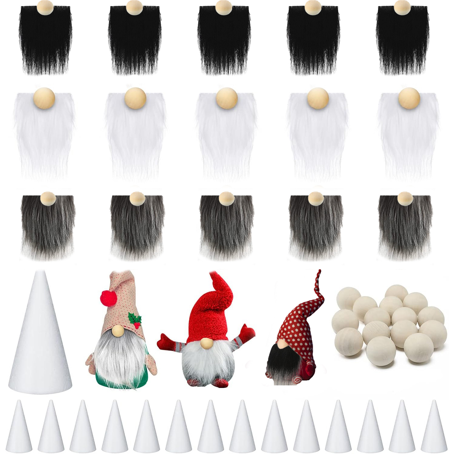 50pcs Gnomes Beard Sets Faux Fur Pre Cut Gnomes Beard Foam Cone Foam Handmade Wood Balls For Halloween Christmas Day Crafts