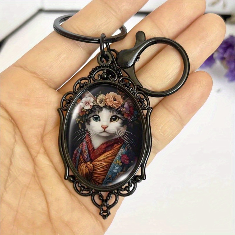 TEMU 1 stuks Vintage Kat Ovale Sleutelhanger, een Perfect Accessoire voor Kattenliefhebbers