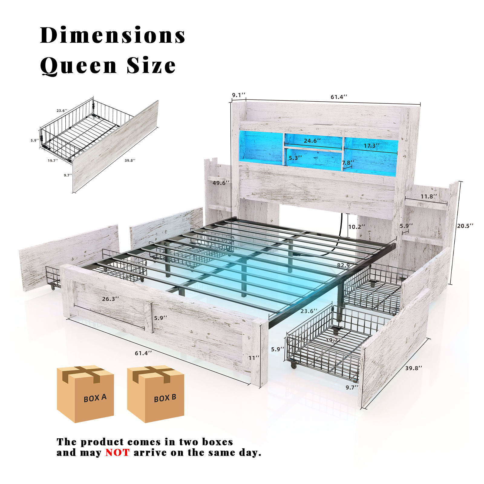   bed frame with 49 6 inch bookcase headboard 4 drawers and 2 detachable storage racks farmhouse wood bed frame with rgb led lights and charging station   spring needed