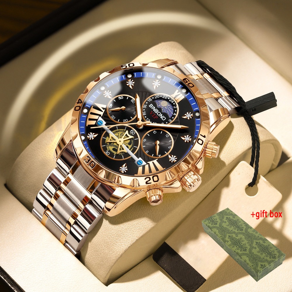 TEMU New Binbond Luxury Business Small Seconds Men's Watch, Unique Multifunctional Dial With 3 Sub-, Dial Design, Roman , Rhinestone Inlaid Bezel,
