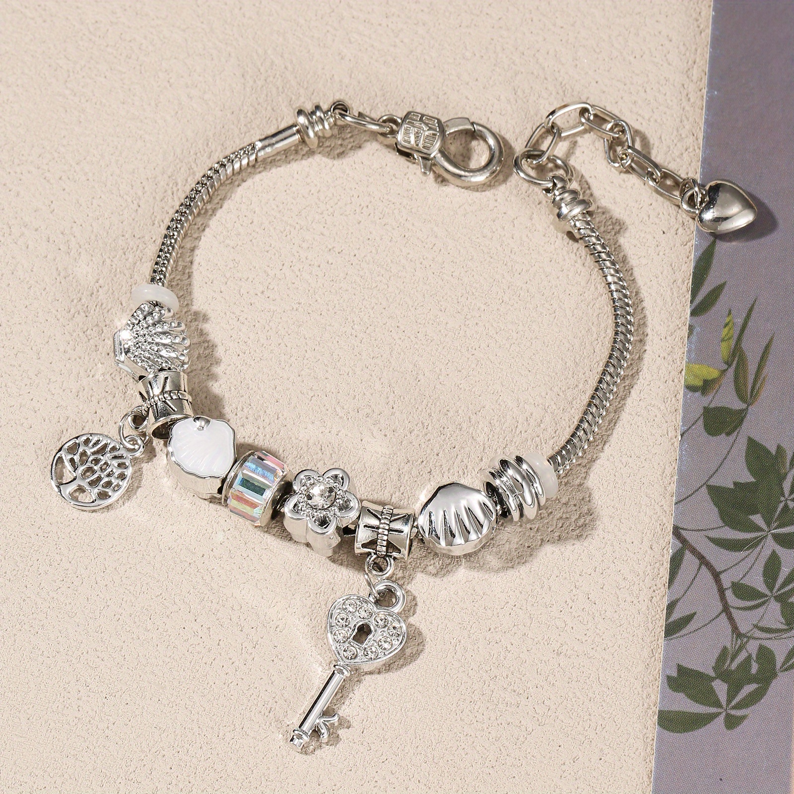 TEMU 1pc Lnchran Women's Elegant Bracelet - Layered Charm Jewelry With Heart, Key, Moon Phases - Everyday & Valentine's Gift - Durable Chain For Wear