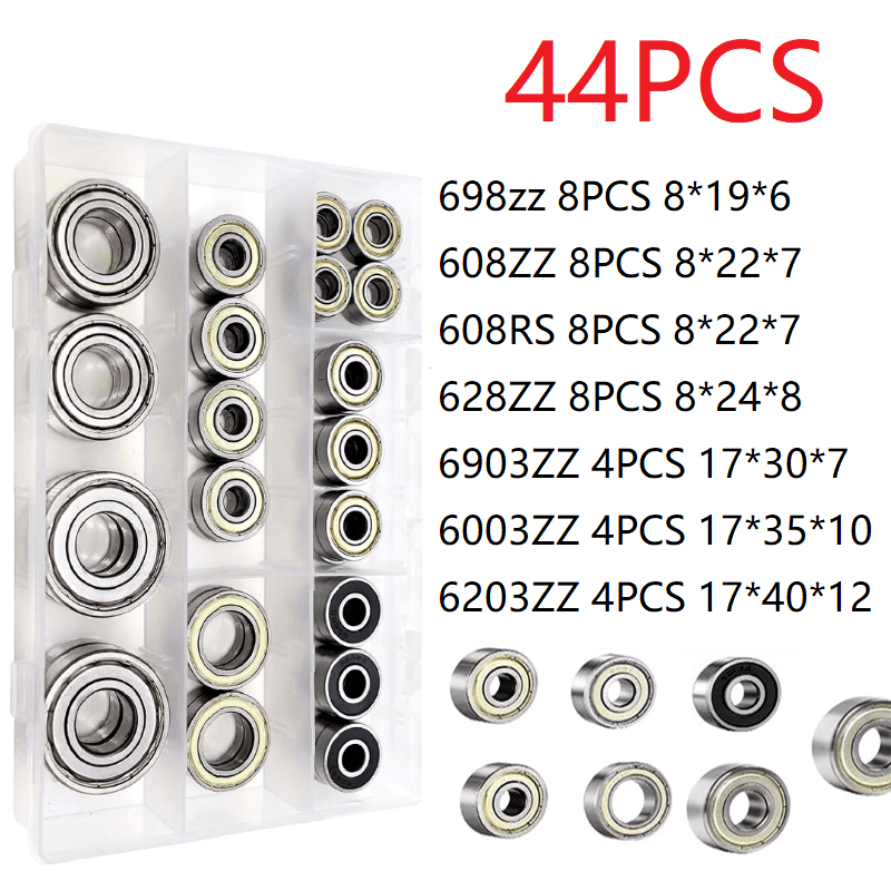E-shop 44-teiliges Kugellager-Sortiment-Set, 608RS/608ZZ/698ZZ/628ZZ/6903ZZ/6003ZZ/6203ZZ – Kleine Lager-Sets für Skateboard-Lager, Räder, Rollschuhe,