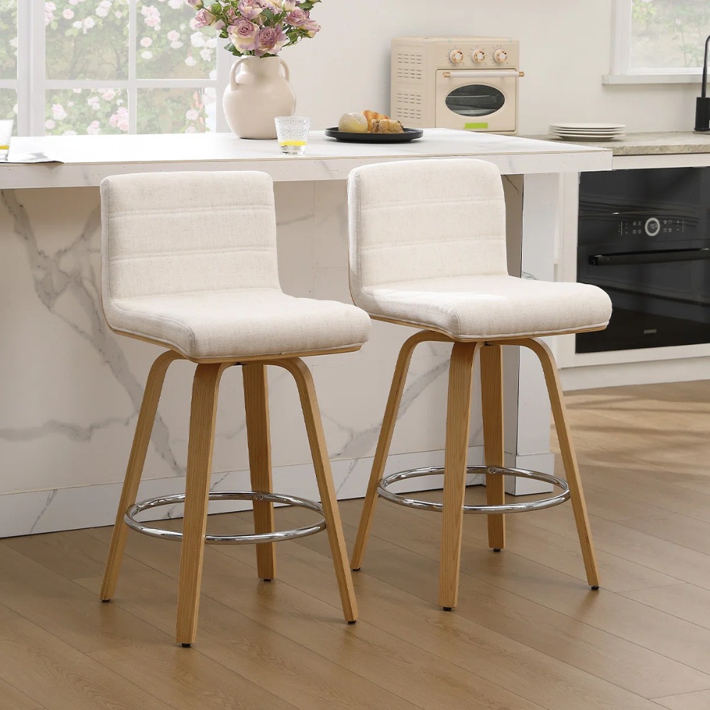 Pair of Contemporary Bar Stools Featuring Backs, Rotating Counter-Height Design, Upholstered Fabric for Kitchen Islands, Sturdy Wooden Legs, Ideal for Home Kitchens And Pubs