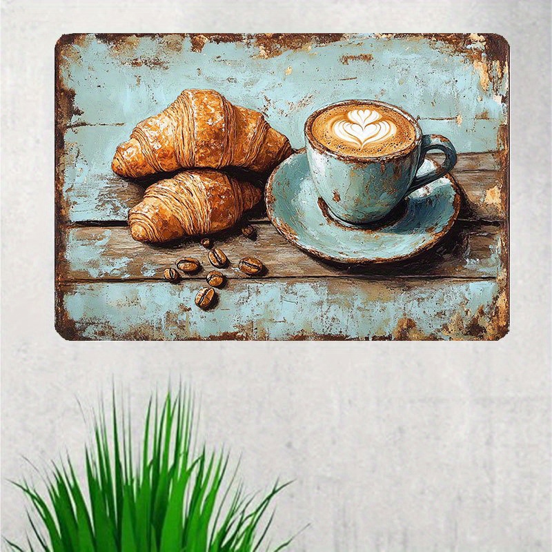 TEMU 2d Flat, 1pc Vintage French Bistro Metal Wall Art - & Croissant Latte Sign, Retro Croissant Pain G For Farmhouse Cafe, Decor, Iron Latte Art