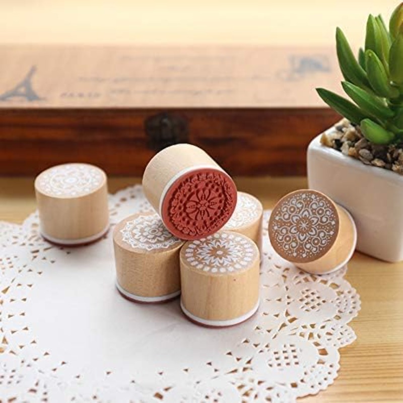 TEMU 6pcs Wooden Stamps Floral Pattern Stamp Round And Square Lace Wooden Rubber Stamp For Scrapbooking And Craft Card