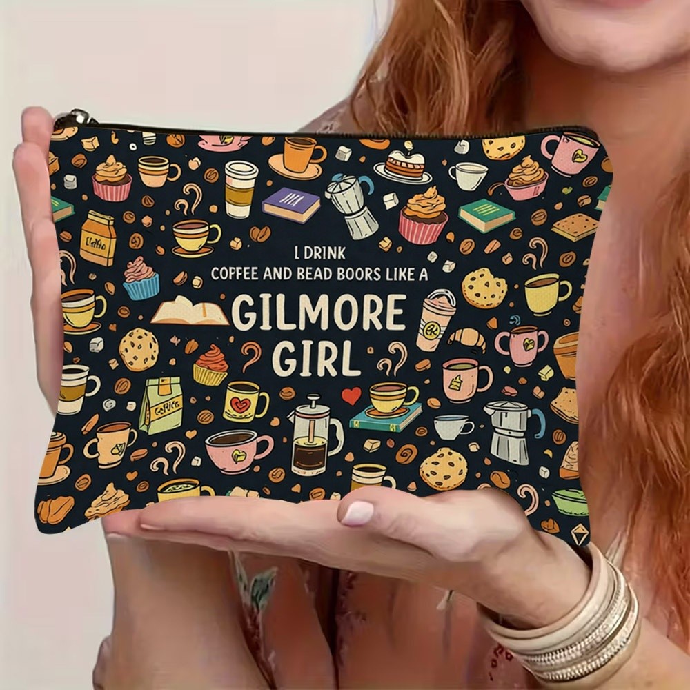 TEMU 1pc Vintage Retro Pouch And A Compact Travel Toiletry Bag Featuring A Zipper Closure, With A Coffee Pattern Quote, Ideal Gifts For Couples On