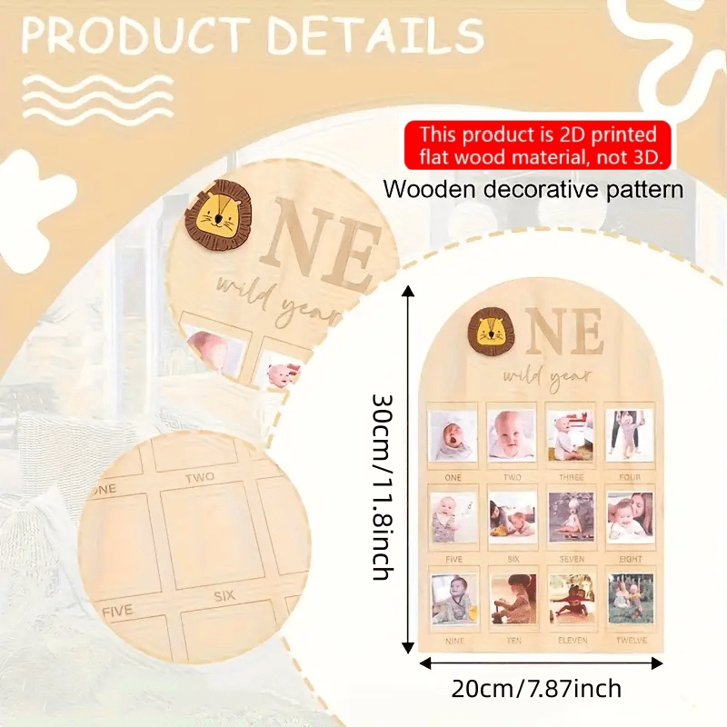 TEMU 2d Flat Printing, Jungle Lion Themed 1st Birthday Wooden Photo Board - Monthly Milestone Display With 12 Months Of Photos, Wild-style 1st