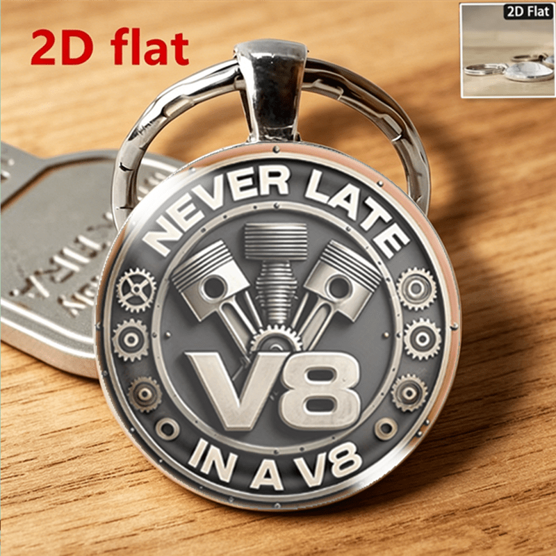 TEMU Plat 2D, Porte-clés plat 2D en de verre avec pendentif vintage de piston d' de moteur V8 mécanique, imprimé avec le slogan "NEVER LATE IN A V8",