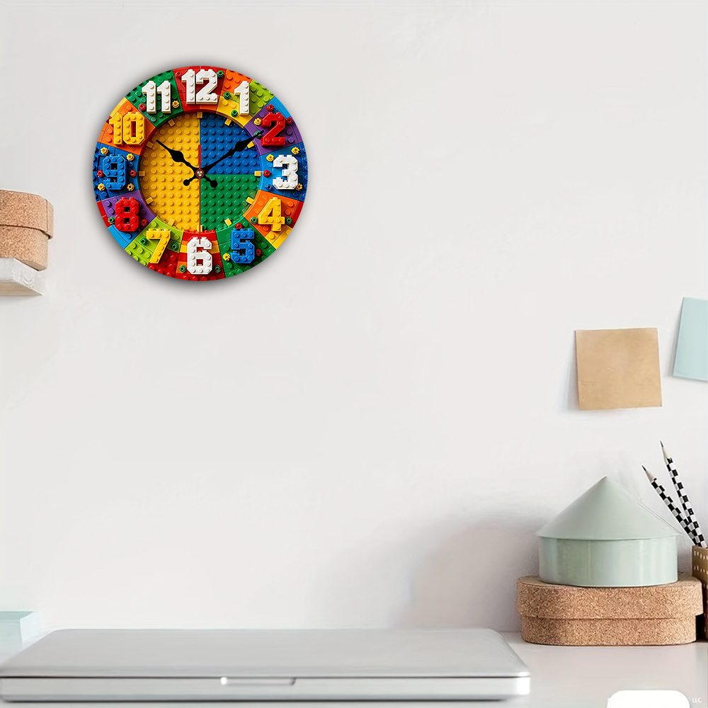 TEMU 2d Flat Colorful Block Theme 10-inch Wall Wooden Clock | Silent Decorative Clock, , Suitable For Bedroom, Living Room, Office (aa Batteries Not