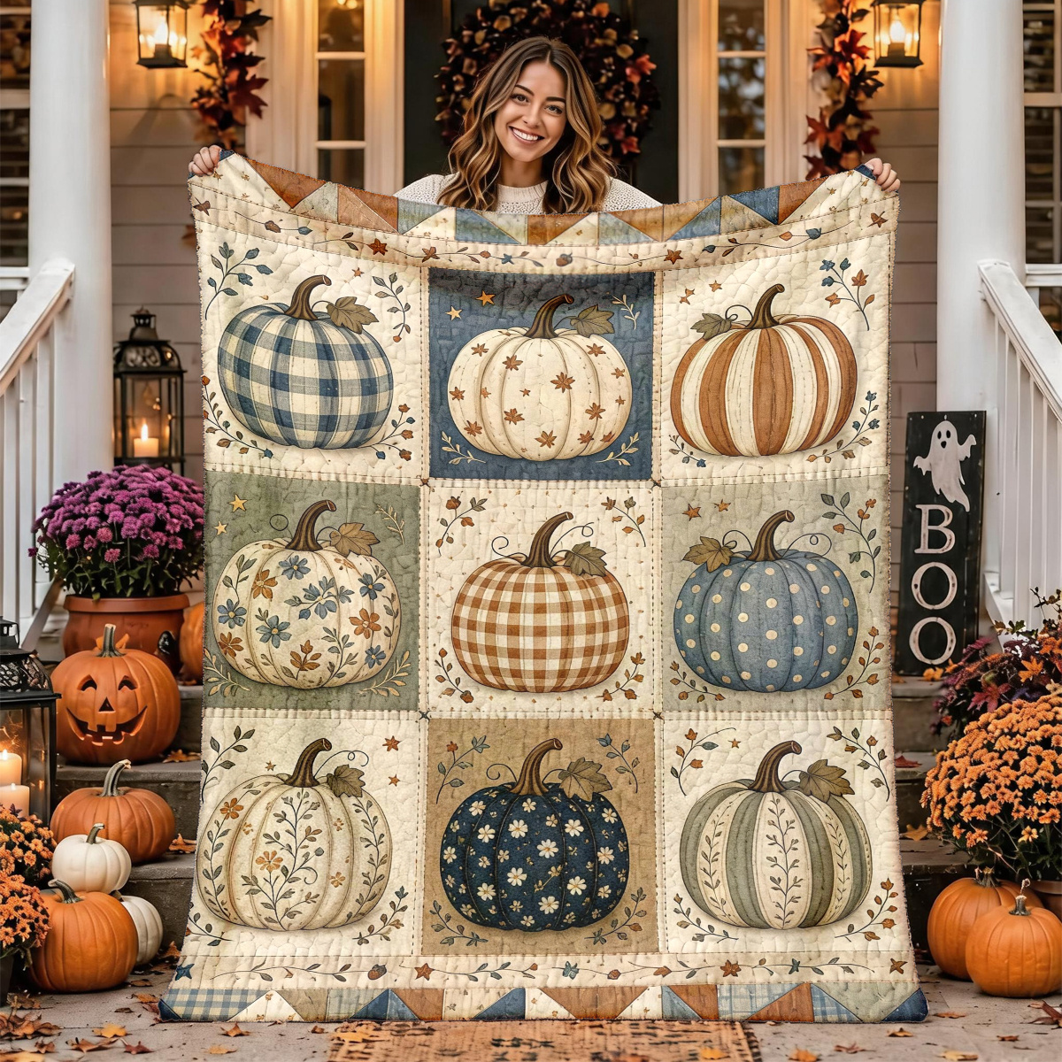 TEMU [2d Flat Printing] 1pc Floral Pumpkin Retro Autumn Theme Flannel Blanket, Soft Lightweight & Warm, All Season Available, Great For Sofa, Office,
