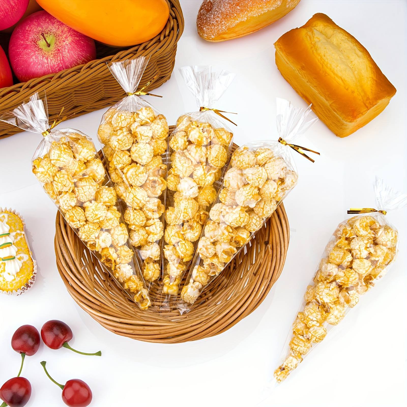 TEMU 100pcs(50bags+50ties) Transparent Tapered Cellophane Gift Bags With Golden Twist Ties- Durable Plastic Snack Bags, Suitable For Popcorn, Candy,