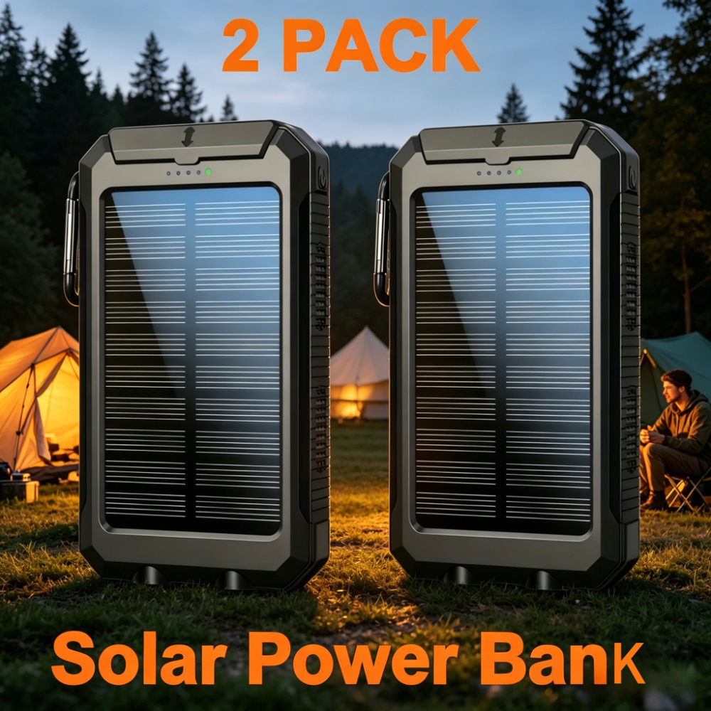 Image of 2pcs 10000mah Portable Solar Power Bank, Portable Solar Mobile Phone Charger, Camping External Battery Charger For Mobile Phones, 2 Usb/ Led Flashlights With Compass For Outdoor Activities
