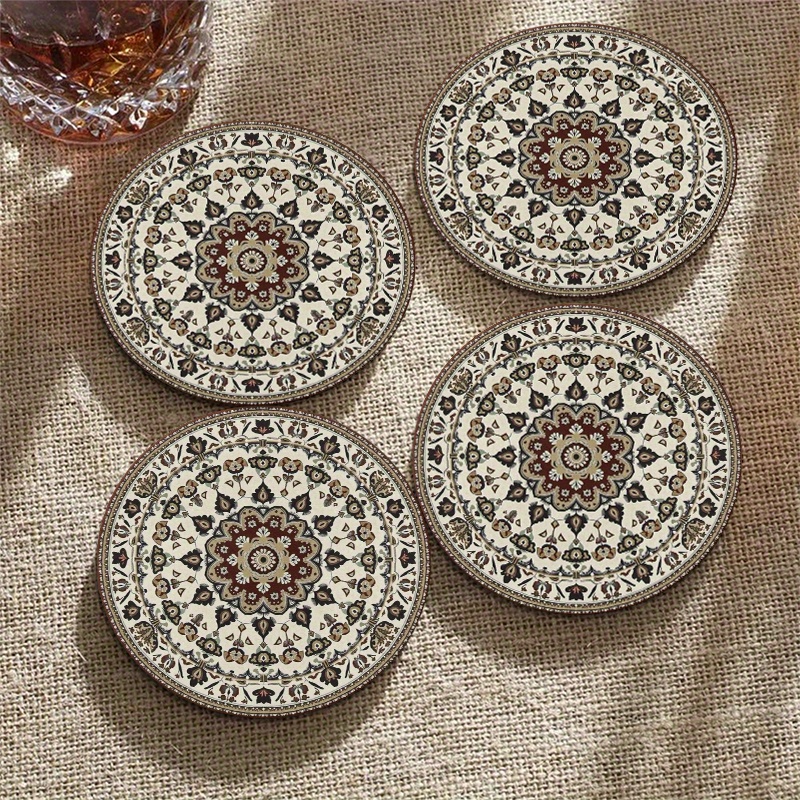 TEMU 4pcs Bohemian Mandala Coasters Suitable For Drinks, Recycled Wood Table Protectors With Mandala Patterns, Round Drink Coaster Pads For Coffee