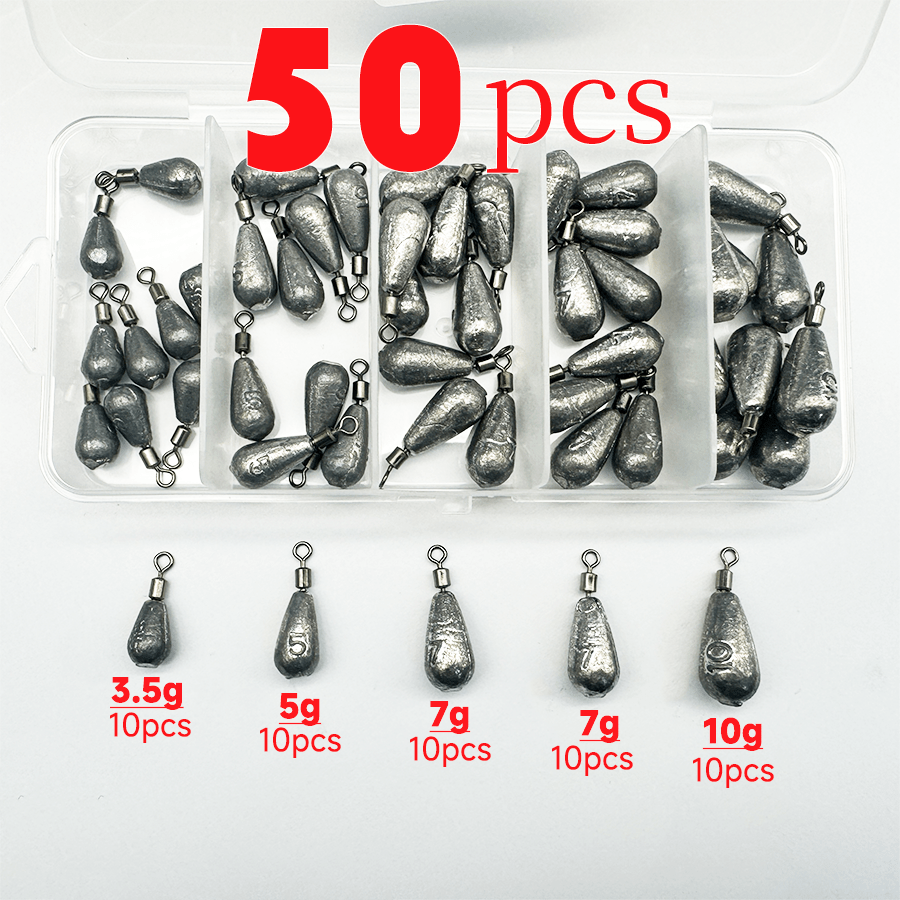 Image of 50pcs/box Lead Sinker Set- 3.5g 5g 7g 10g Drop Fishing Weights, Carp Fishing Tackle Accessories, Bulk Sinkers For Bass Fishing, Best For Christmas, Thanksgiving