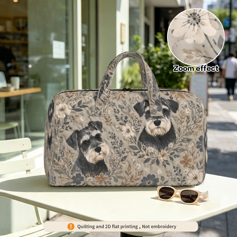 2d flat 1pc vintage floral miniature schnauzer patterned lightweight quilted handbag zipper closure with sturdy handles versatile bag for shopping hiking and travel non