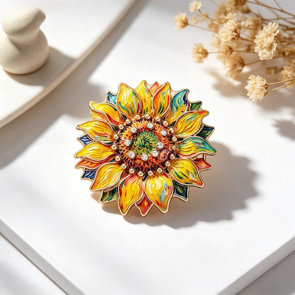 TEMU Vintage Sparkling Enamel Sunflower Brooch Pin, Rhinestone Inlaid Metal Flower Theme Brooch, Suit Scarf Bag Decorative Pin, Daily Party Holiday