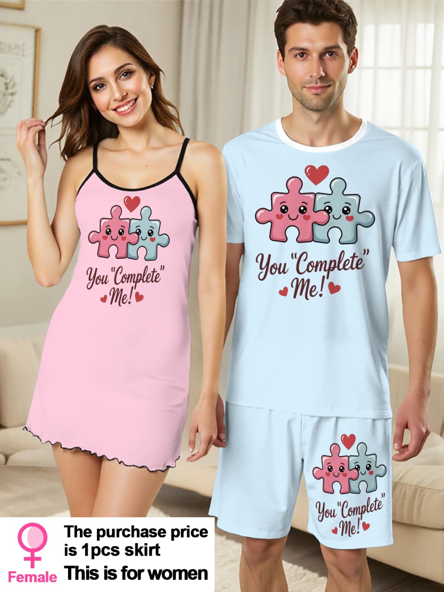 [MEN/WOMEN] Fashion Print Couple Set Men'S Short Sleeve Short Shorts Set Or Women'S Camisole Nightgown Dress 1pc, Soft Breathable Round Neck T-Shirt And Elastic Waist Shorts, Comfortable Sleepwear