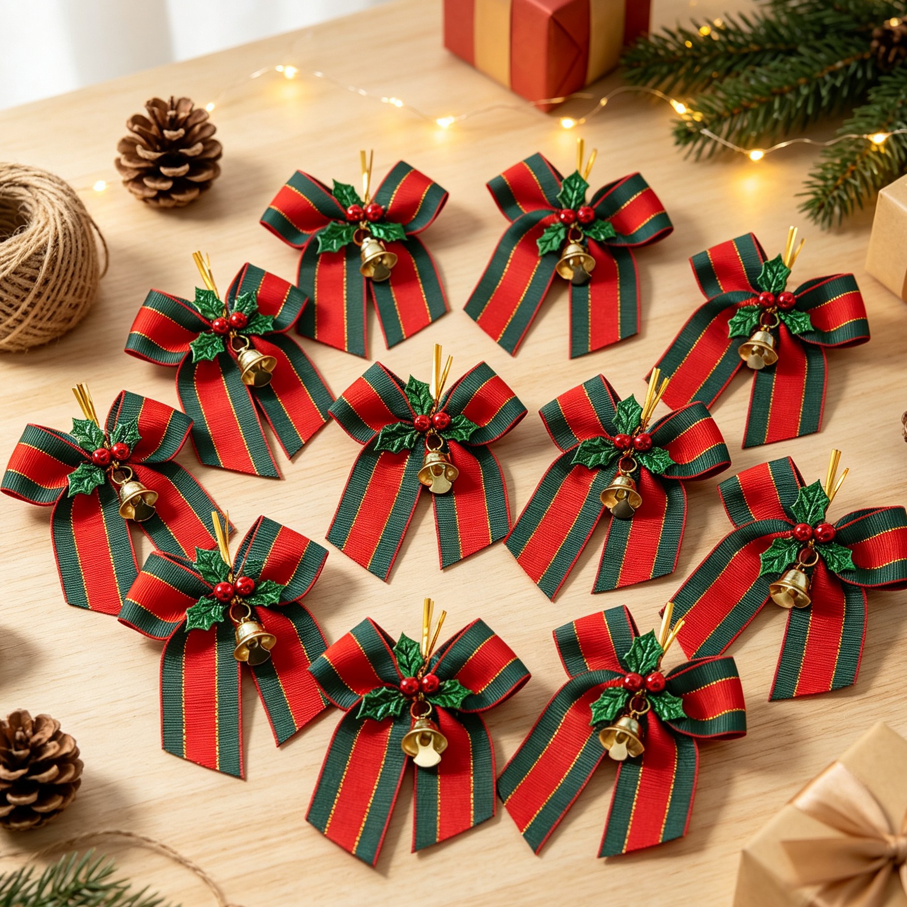 TEMU (10pcs/pack) Christmas Bells With Bows, Decorative Christmas Gift Hangers, Packaged With Red And Green Ribbons, Christmas Tree Additions,