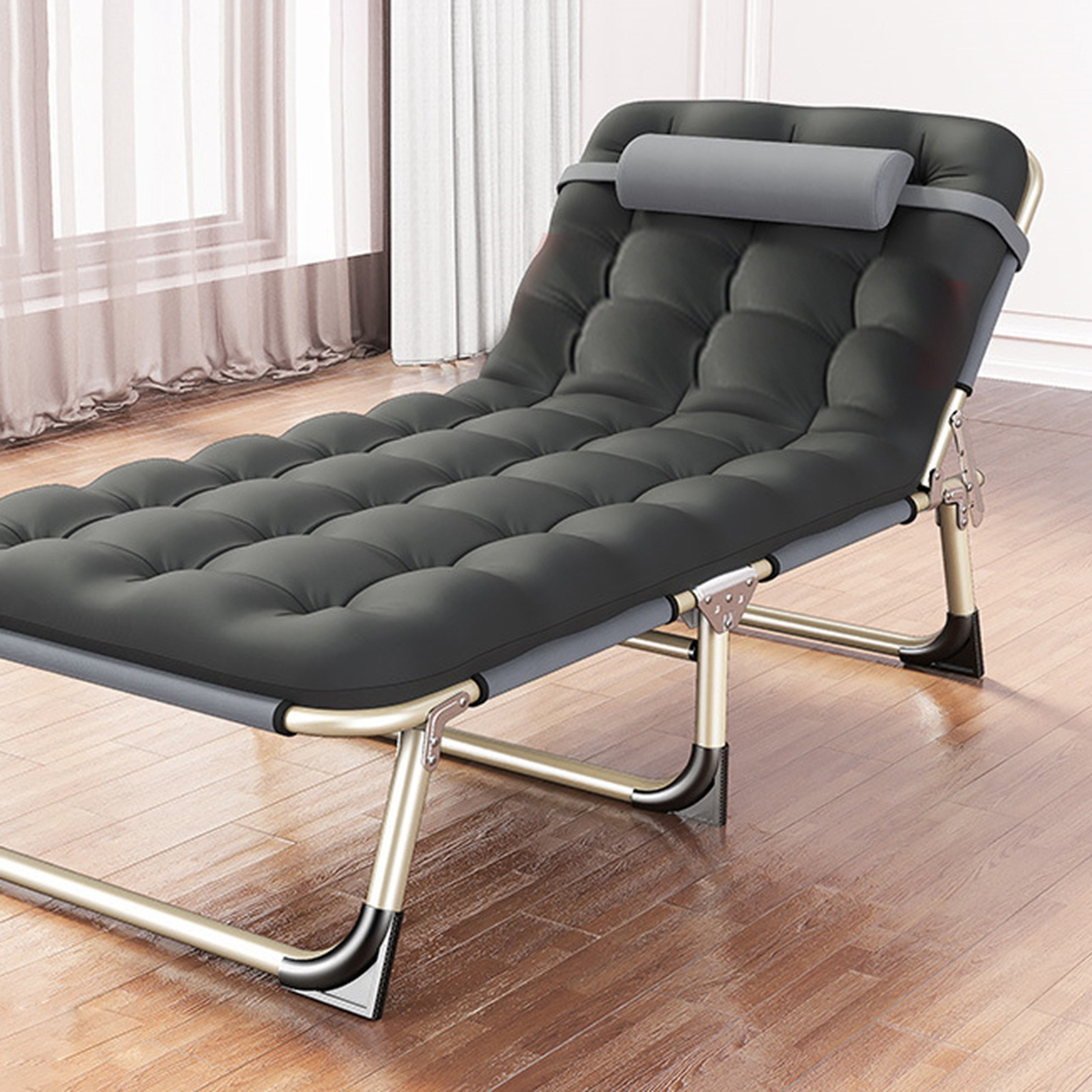 Image of Chaise Lounge Chair, Folding Cot, Adjustable Camping Cot With Mattress For Patio And Beach, Foldable Bed Portable Heavy Duty Lay Flat Reclining With Pillow