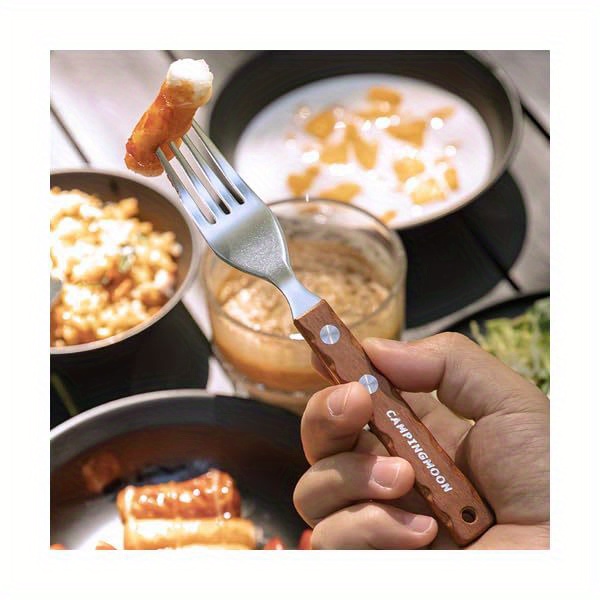  stainless steel camping fork and spoon combo 2- pack metal sporks set of 2 with solid wood handle salad forks spork camping utensil for hiking backpacking, camping accessories and equipment, camping gear, camping dinnerware set, camping kit, camping accessories, backpacking essentials, hiking utensils, portable cutlery,  ,   steel, rustresistant material, spork set Product details 2