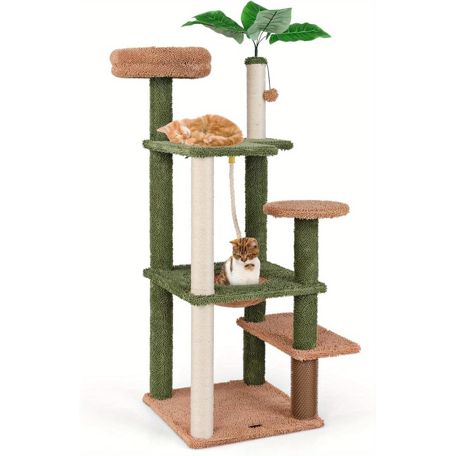 Cat Tree 152 Cm With Artificial Green Leaves, Multi-level Cat Tree With Perch, Hammock, Sisal Scratching Posts, Self-grooming, Rope, Ball