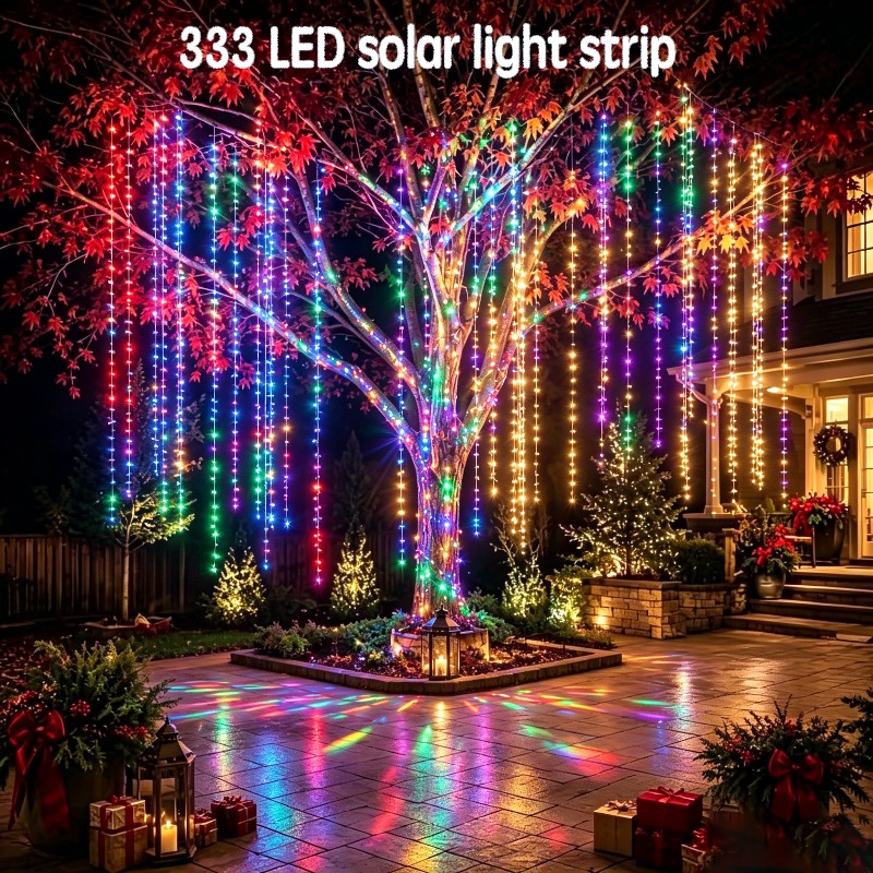TEMU 333 Led Solar Light Strip, Waterfall Fairy Light String, Hanging Tree Shaped Flashing Light String, Outdoor Ip65 Suitable For Curtains, Gardens,