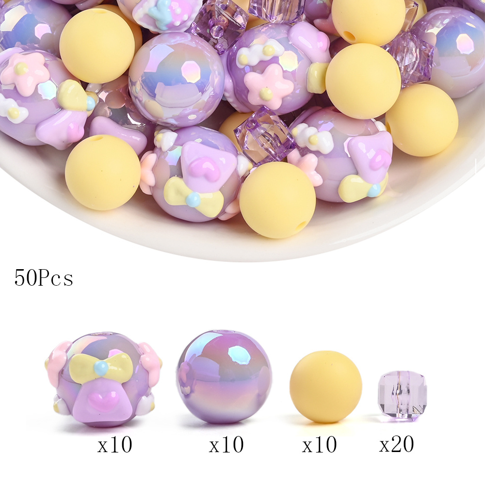 TEMU 50pcs Perles rondes en acrylique violet doux, combinaison multi- avec trou central, utilisées pour la fabrication de bijoux, et bracelets,
