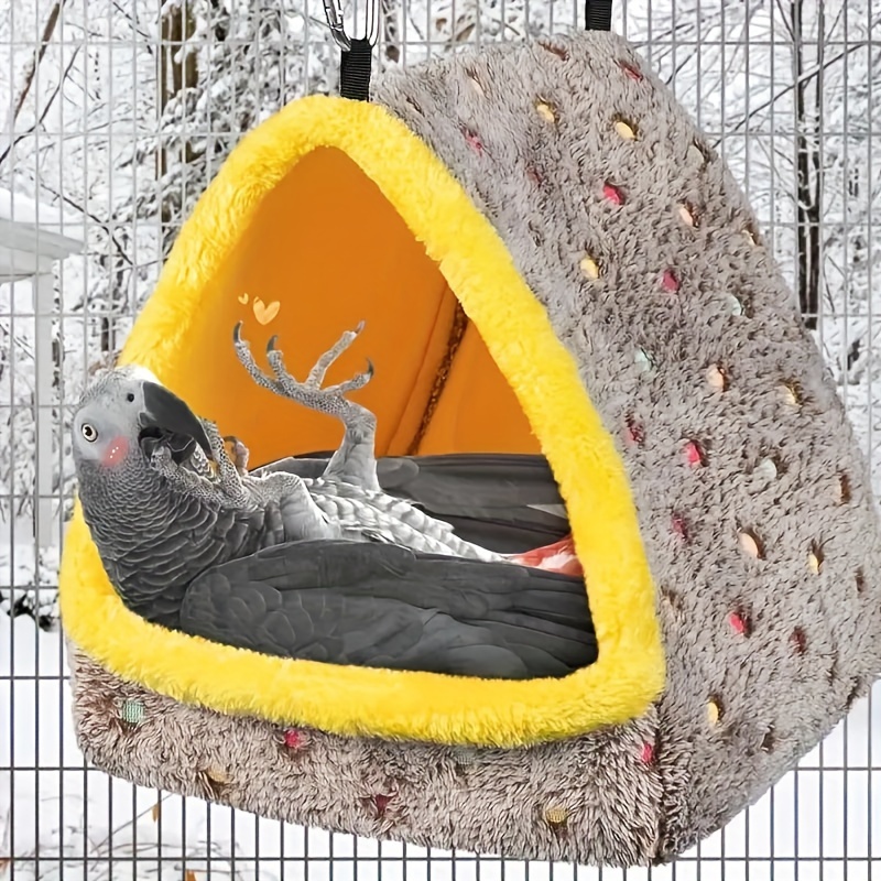 TEMU 1pc Thick For Parrots& Small Birds- Soft Plush Winter Bed With Yellow Pom-poms, Durable Hanging Hooks, & Hedgehog Bag For Cold Weather