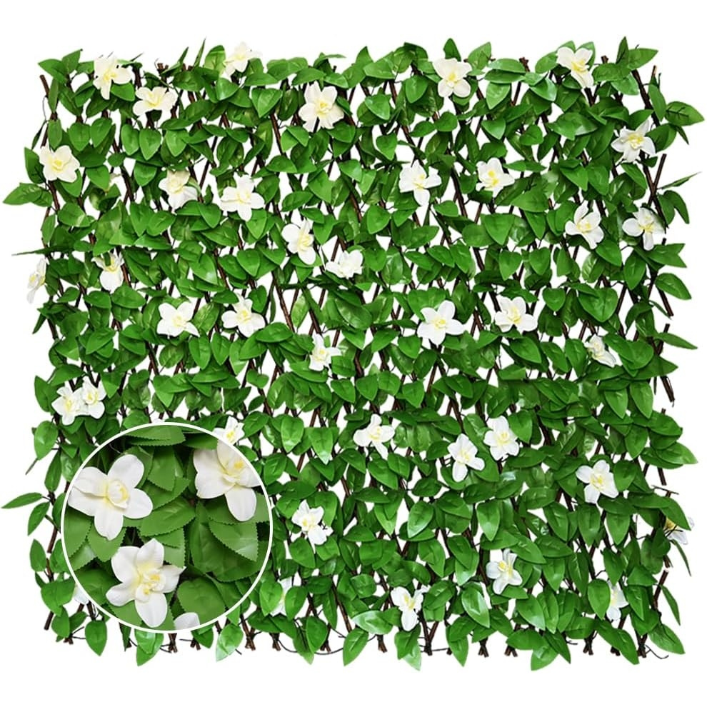 TEMU [2.5d] [2.5d] [2.5d] 1pc 70.87inch Extendable Simulation Rattan Fence With White Flowers Decorating Green Leaves, Stretchable Folding Design,
