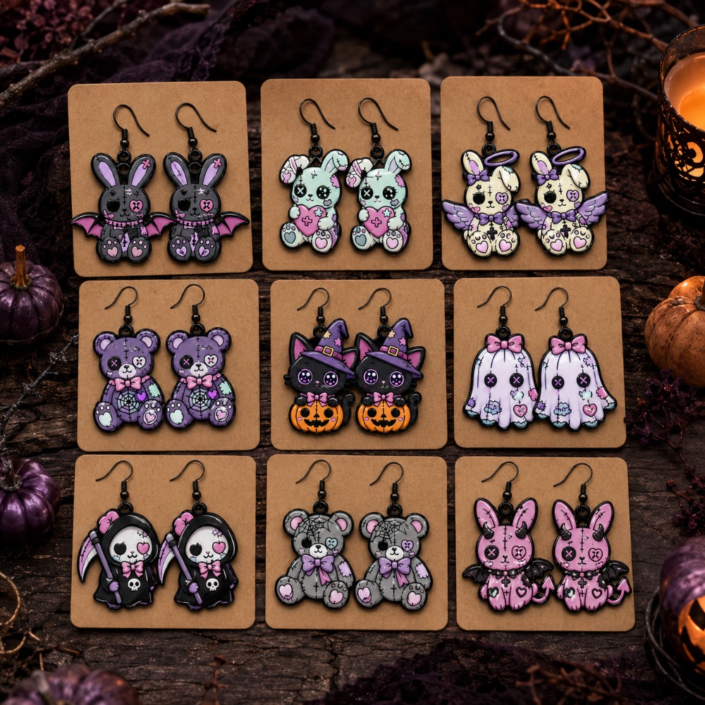 TEMU 2d Flat, 2d Flat 18pcs/9-pair Gothic Cartoon Acrylic Earring Set, Suitable For Halloween And , Dark Style Teddy Bear And Rabbit Pendant Jewelry,