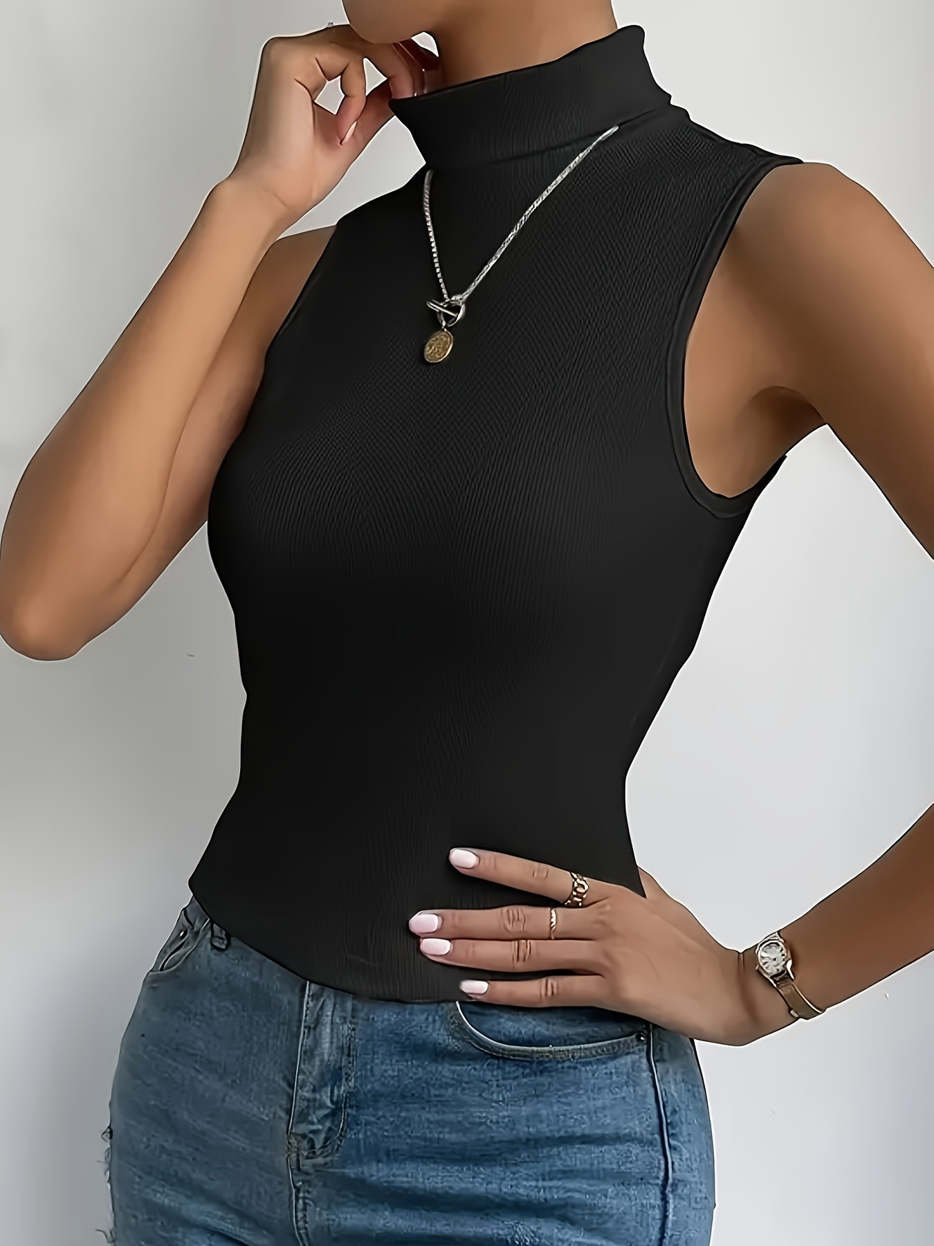 women turtleneck tank tops summer casual solid color Temu