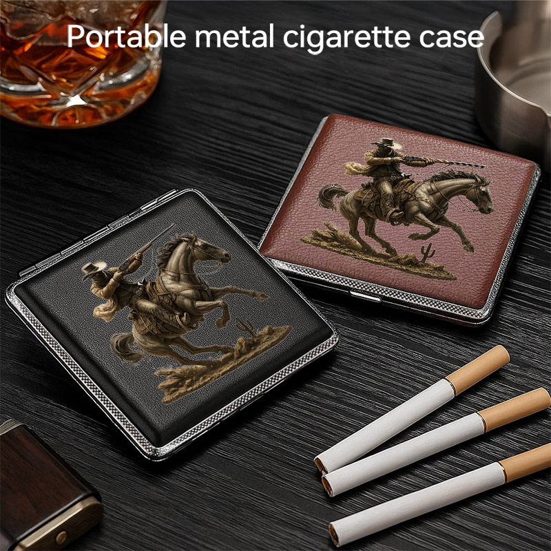 cowboy cigarette case A * And Brown Smoking Accessory Featuring a Cowboy Riding a Horse And  Shooting Design, Made of Faux Leather And Metal * - Crush-Proof, Holds 20  Cigarettes, Suitable for * Men And Women