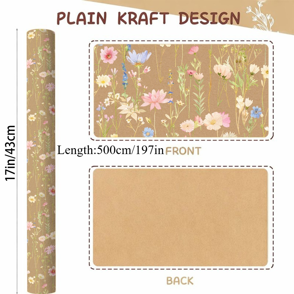 E-shop Wildblumen Handgemachtes Kraftpapier Rollenpapier - Aquarell Blumen Braun Geschenkpapier, Geeignet für Geburtstag, Hochzeit, Feiertage -