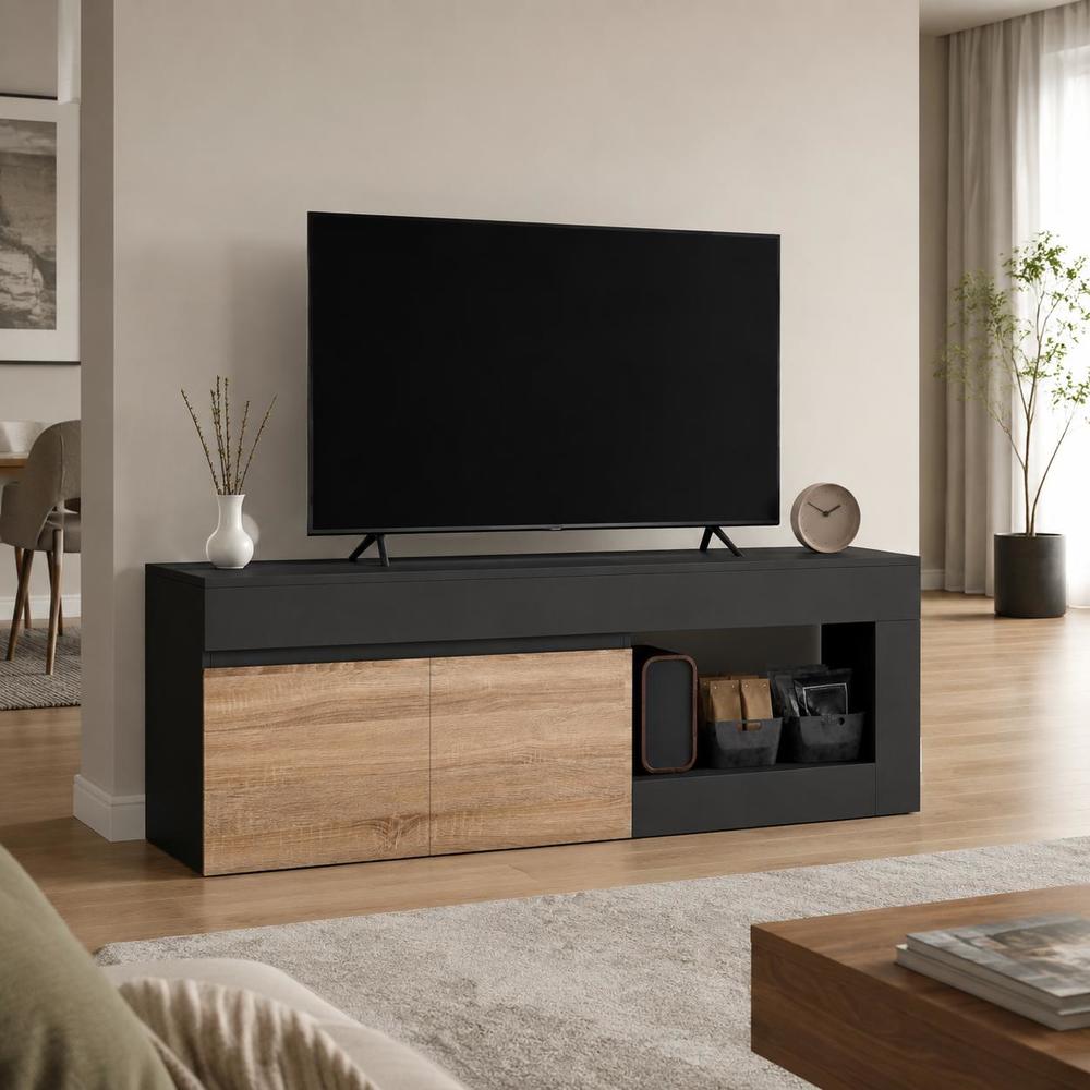 TEMU 2- Stand For Tvs Up To 60 Inches, Tv Stand With Closet And Open Shelf, Black