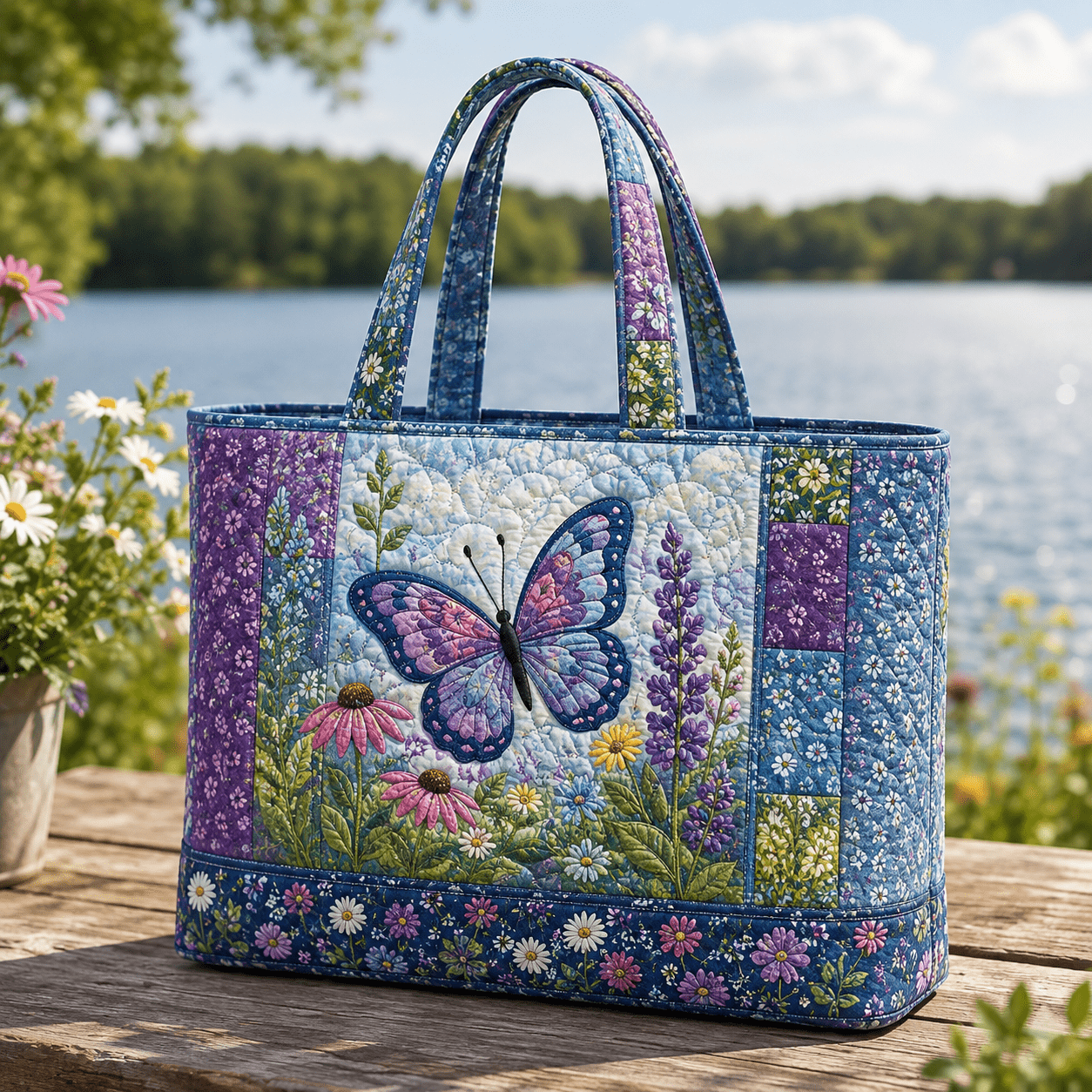 TEMU Quilted Tote Bag, Large Capacity Tote, Fabric Tote Bag, Shopping Bag, Travel Tote Bag, Beach Bag, Reusable Grocery Bag, Bag, Featuring Flower