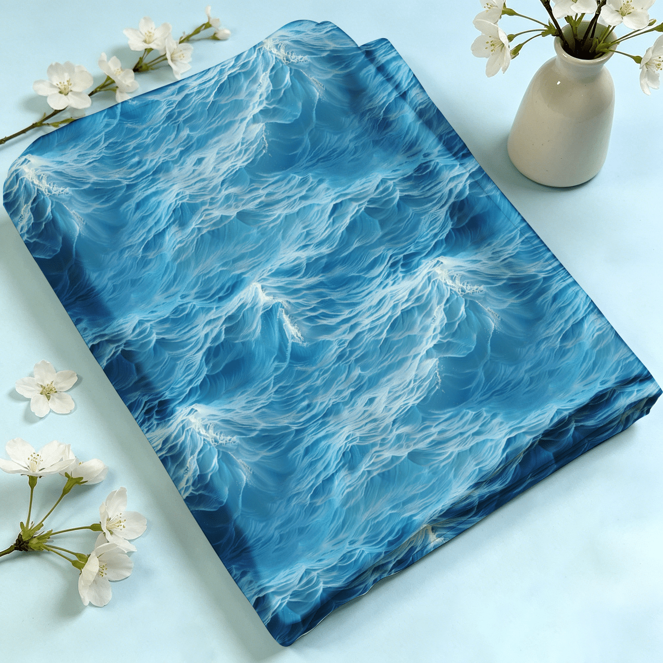 TEMU 1pc Blue Ocean Wave Pattern Printed Fabric, Cloth, Available, Soft And Comfortable Material, Polyester Handcraft Fabric, Suitable For
