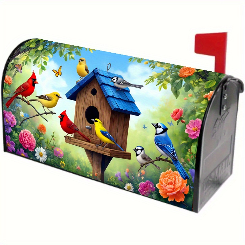 TEMU 1pc Autumn Mailbox Cover, Colorful Birds And Floral Print, Durable Weather Resistant Polyester Outdoor Decoration For And Garage, Gift , 2d Flat
