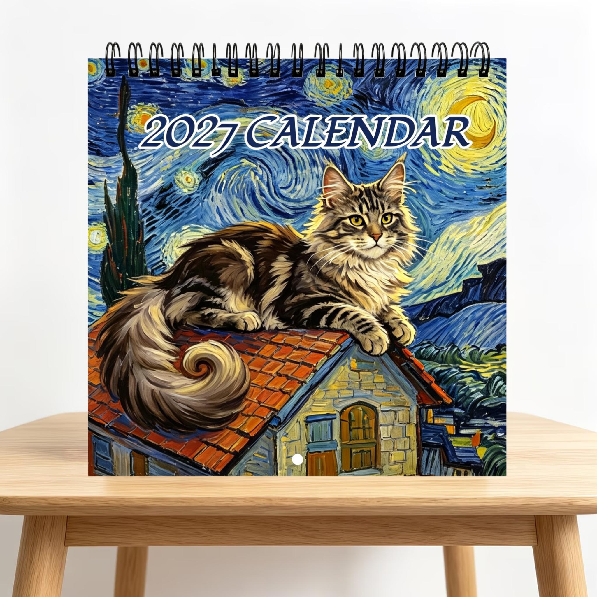 TEMU 2027 Maine Coon Cat Wall Calendar - Thick Paper Monthly Planner Suitable For Home And Office, 12-month Dates With English Date Labeling, Vibrant