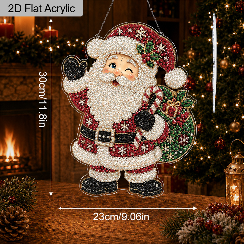 TEMU 2d Flat, Diy Santa Claus Pearl & Diamond Painting Hanging Ornament - Acrylic Lace-edge Frame With 3d Beads, Suitable For Window Wall Porch Door