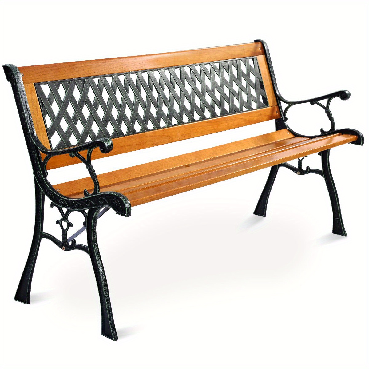 TEMU Banc de jardin extérieur en fonte lourde GOPLUS avec siège en bois dur - Capacité de 700 lb, banc de patio avec 3 places (expansible en 2 sièges