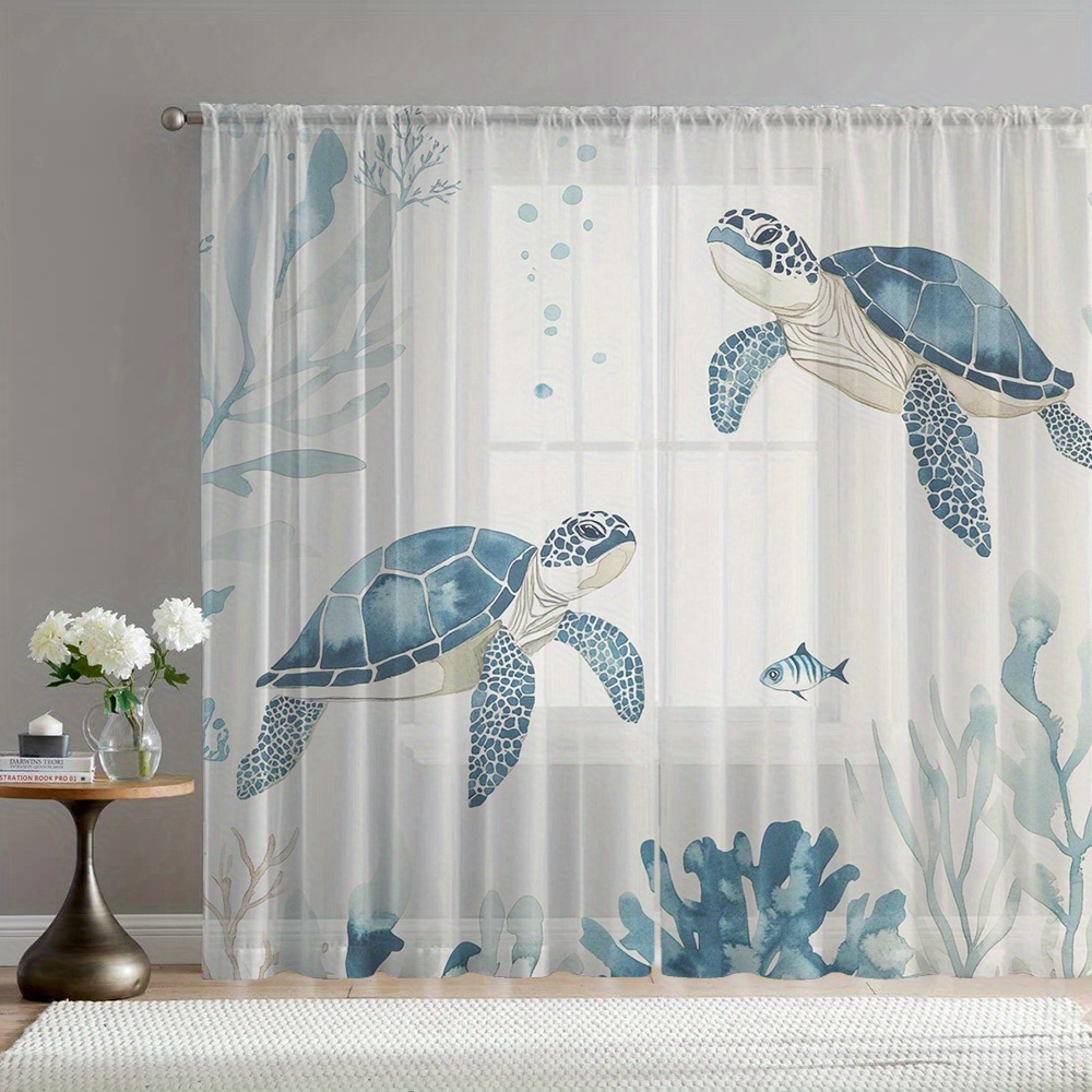 TEMU 2 pièces Rideaux Voilés Décoratifs Tortue Marine et Poissons, Panneaux à Passants pour Tringle, Idéal pour Cuisine Salon Balcon Jardin