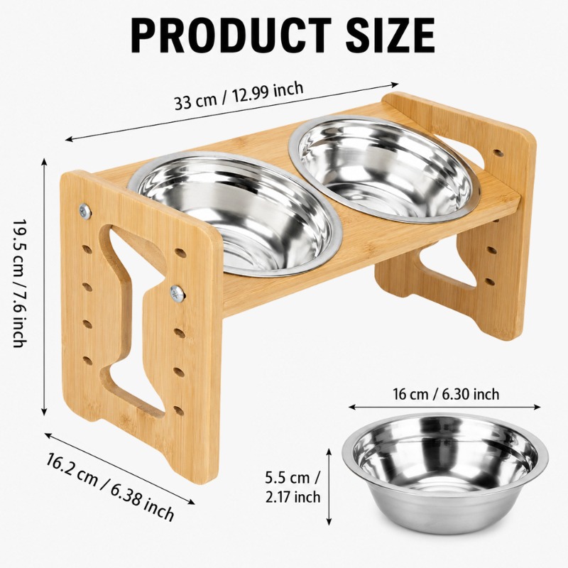 Image of Wooden Pet Feeding Station, 5-level Height Adjustment, With 2 Stainless Steel Bowls, 15° Tilt, Non-slip Base, Dishwasher Safe, Suitable For Cats And Dogs