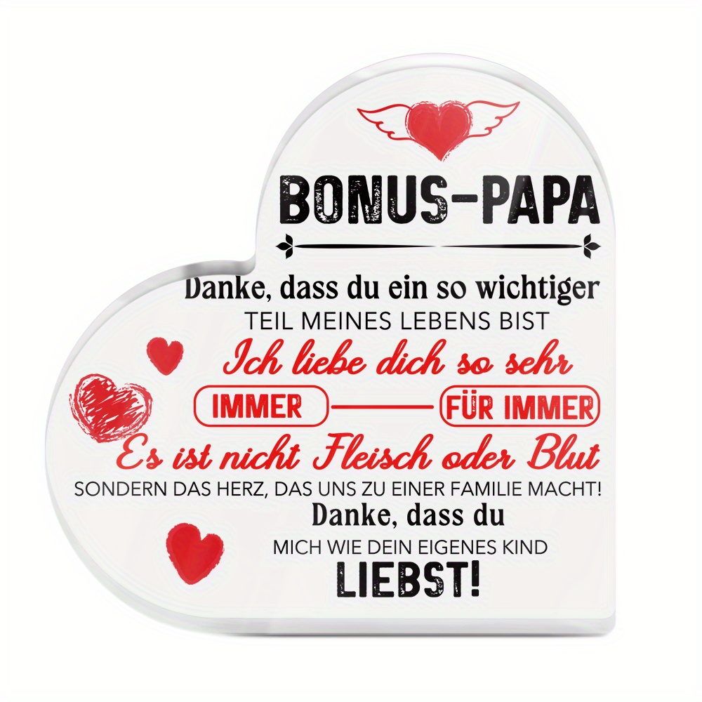 E-shop 2D Flaches Herzförmiges Acrylschild mit Deutsch-Englischem "Bonus Papa" Design - Zeitgenössische Bauernhaus-Tischdekoration für Zuhause,