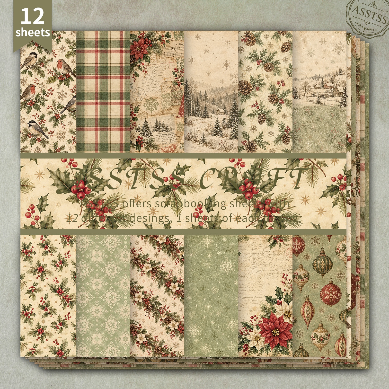 TEMU 12-Vloezen ASSTSS 6X6 Inch Scrapbooking Papierblok, Vintage Kerst Klimop Vogel Ruit Snow Scene Stijl Cadeaupapier Achtergrond Papier