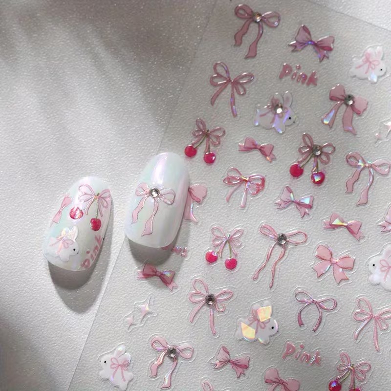 Pink Cute And Sweet Cherry Bowknot Rabbit Pattern Stickers | Glossy, Cartoon Theme, Reusable, Embroidered, Self-adhesive Paper Material