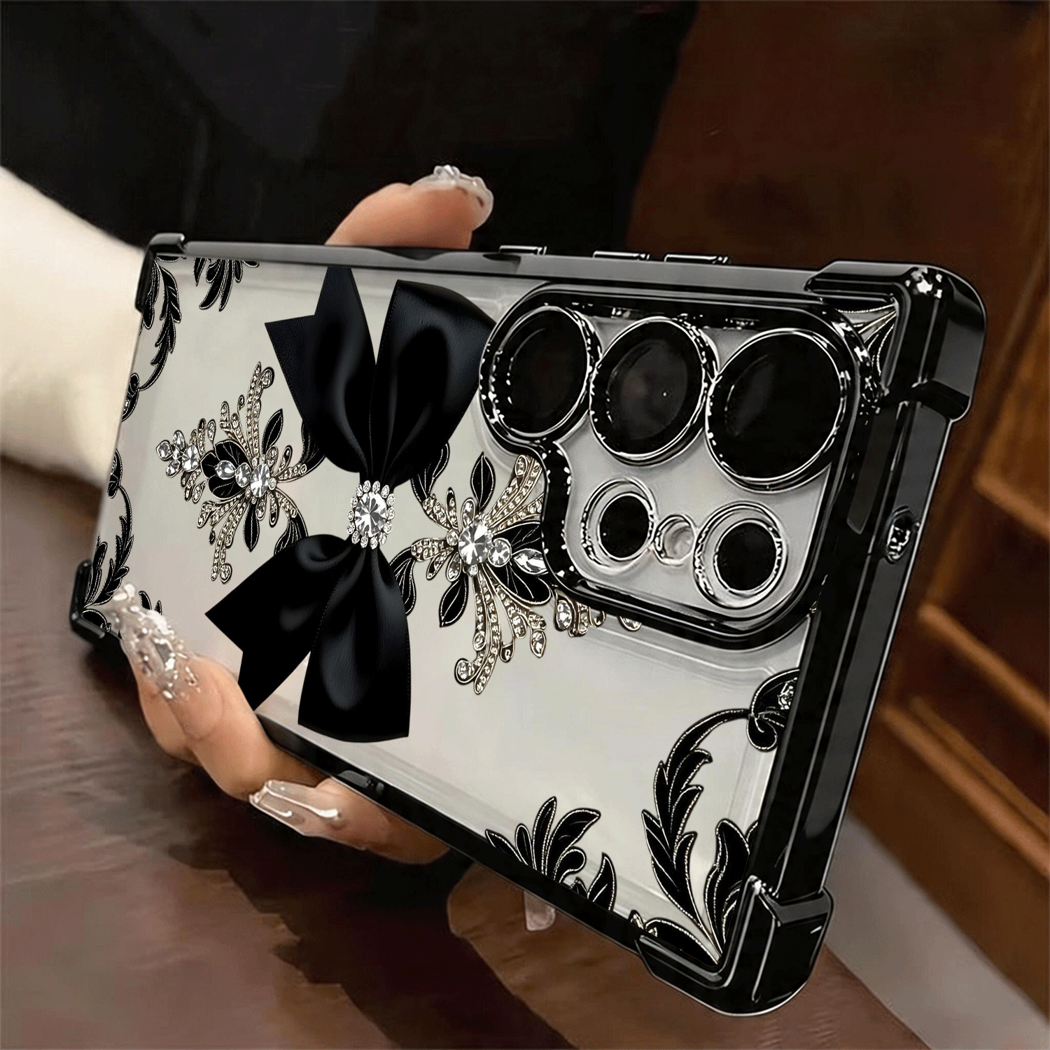 TEMU Phone Case - 2d Phone Case, Black Satin Rhinestone Bow Electroplated Tpu Anti-drop Phone Case New Style, Lens Protection For Phones, Phone Case