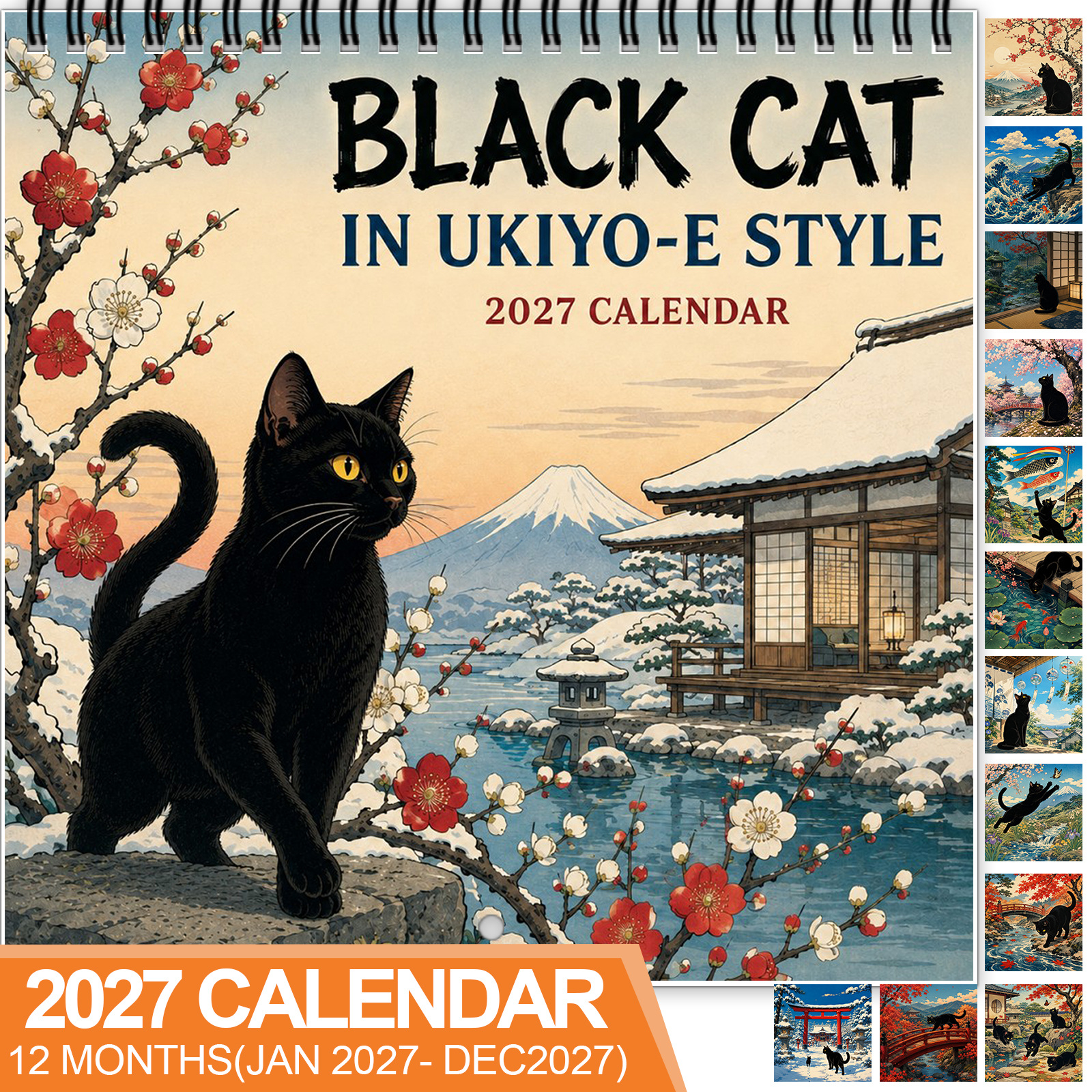 TEMU 1pc 2027 Black Cat -e Wall Calendar, Spiral-bound 12-month Calendar Featuring Japanese Black Cats, , Cherry Blossoms, Ocean Waves, Koi , , And