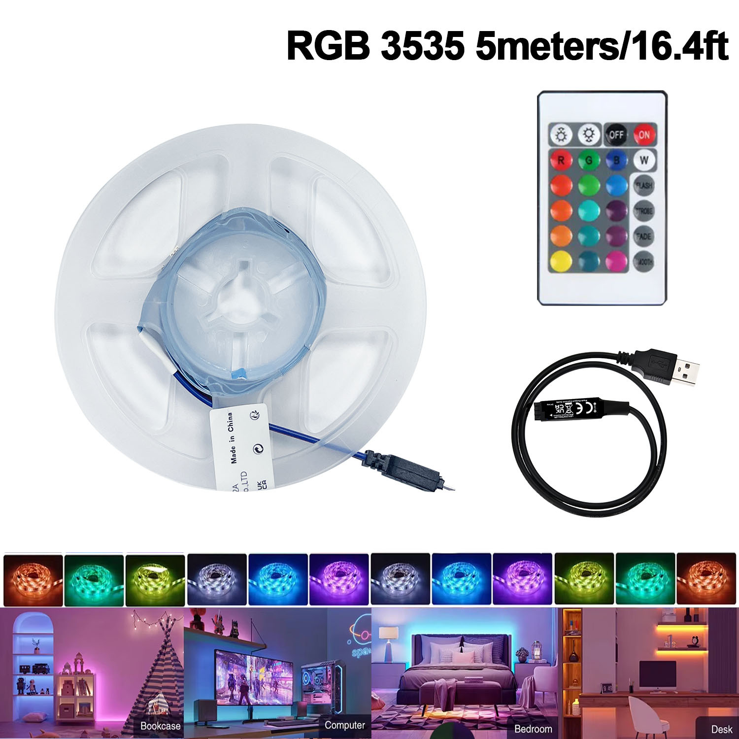 Image of Rgb Led Tape Light For Cabinet & Shelf, Usb 5v Flexible Light Strip With 24-key Remote Control, Peel And Stick Accent Lighting For Kitchen, Mirror And Closet