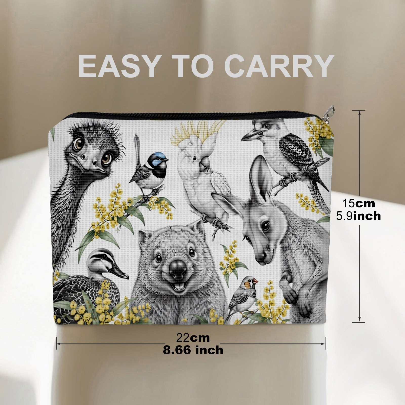 TEMU 1pc Australian Animals & Flower Makeup Bag - Double-sided Zippered Cosmetic Organizer Suitable For, Travel, Daily Use | Australian-themed Gift