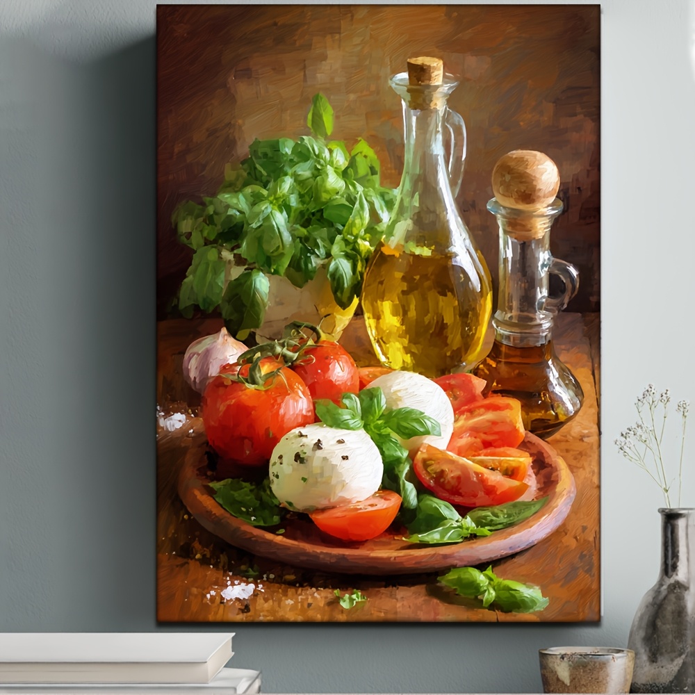 TEMU 2d Flat, 1pc Framed Wall Art - Poster Suitable For Mediterranean Dining Decor, Tomato Basil Print, Wrapped Frame With Wood Frame, / Use,